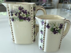 Antique ceramic pourers with a violet pattern, 11 and 8 cm high