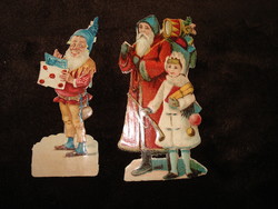 2 old stickers / pressed pictures of Santa Claus and elf