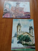2 postcards in one, Debrecen, Reformed Great Church, watercolor by Béla Tóth, post office