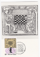 The king plays chess with the bishop - cm postcard from 1974