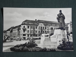 Postcard, Kaposvár, Kossuth Lajos tér, statue detail, shops, 1950-