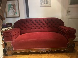 Antik bordó faragott kanapé