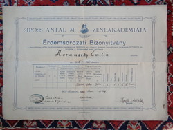 1886 Érdemsorozati Bizonyítvány ,Sipos Antal Zeneakadémiája