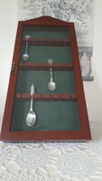 Mahogany-framed, wall-mounted commemorative spoon hanging display case