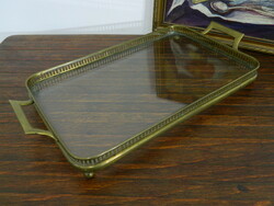 Antique art nouveau brass, glass serving tray / centerpiece