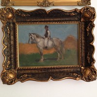 Béla Juzkó (1877-1969): on a horse, oil painting on cardboard framed 29x38 cm, signed