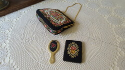 Needle tapestry small theater evening bag with mirror and cigarette case