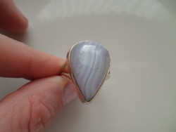 Blue chalcedony lace agate mineral 925 silver ring size 60