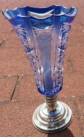 Blue crystal vase with antique silver base