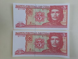 Rare! 2 pcs. Serial number tracker, unc Cuban 3 pesos banknote, with the face of Che Guevara