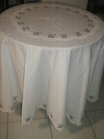 Beautiful white cherry round linen tablecloth with a lace edge