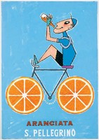 Vintage san pellegrino aranciata advertising poster reprint print, Italian mineral water orange soda bike