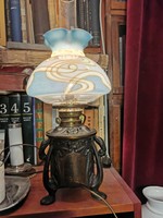 Antique art nouveau copper/petroleum/table lamp, with art nouveau shade, electronic