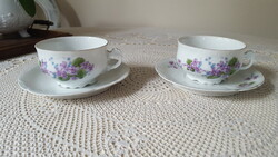 Régi,nagyméretű ibolyás porcelán teáscsésze,alátéttel 2 db.
