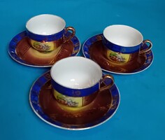 3 Coffee cups + base with a painted scene