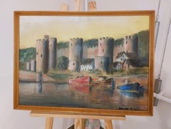 Signed waterfront fortress painting 73x53 cm with frame