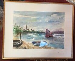 Ship, sailing, boat landscape, watercolor, work of a German artist from 1982, framed