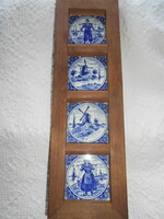 4 hand-painted Delphi porcelain tile pictures in a wooden frame - can be hung / 36 x 11 cm (with frame