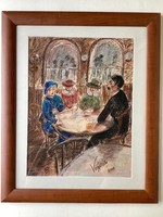 Vagyóczky's pastel picture depicting people drinking tea.