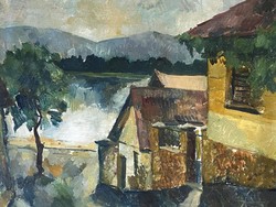 Danube bend ending on the Danube bank, oil on canvas landscape painting around 1960