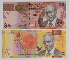 2 Bahamas 5 dollar unc banknote