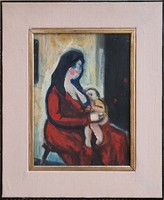 Ilona Aczél (1929 - 2000) mother with her child in the 60s. Oil painting with original guarantee!