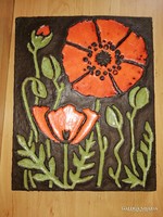 Retro industrial artist poppy ceramic wall picture with fired glaze - 35 cm high (af)