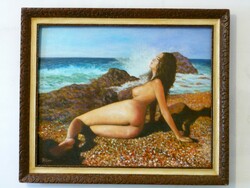 On the beach. Akt.. * Quality oil painting * hüse j.* Noted.