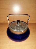 Retro blue glass bonbonier with metal lid