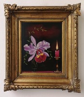 Still life with flowers and candles. Symbolizing, marked oil painting.