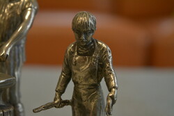 Silver-Plated Detailed Blacksmith and Assistant Miniature Sculpture