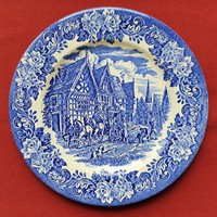 Ironstone angol jelenetes kék porcelán tányér lovas szekér kutya minta