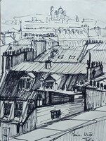 Párizsi háztetők -antik tollrajz