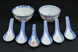 Chinese porcelain spoons + two bowls, marked.