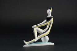 Zsolnay sitting clown, wearing yellow and black striped clothes, porcelain statue, old, marked.