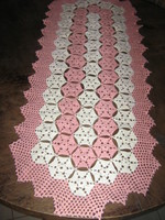 Beautiful white - mauve pink hand crocheted tablecloth