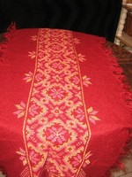 Beautiful burgundy hand embroidered fringed woven tablecloth
