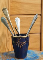 Antique and old cutlery spoon fork package and cobalt blue ceramic holder in one