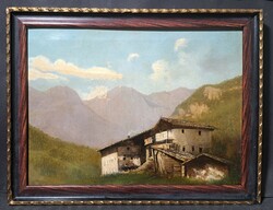 Old landscape, framed oil painting on canvas - romantic mountain landscape