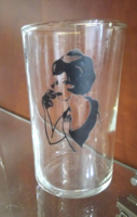Very retro 6 glass glasses with the motif of a charming lady holding a black rose