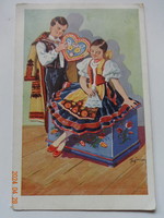 Régi grafikus üdvözlő képeslap, népies, fiatal pár mézeskalács-szívvel  (1937)