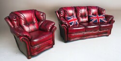 Original antique burgundy English chesterfield leather sofa set 3-1