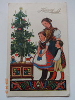 Régi grafikus karácsonyi üdvözlő képeslap, népies (1937)