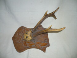 Old deer trophy on carved wooden wall mount 1917