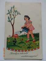 Régi grafikus születésnapi üdvözlő képeslap - virágot locsoló kislány  (1947)