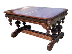Antique, newly renovated, richly carved renaissance style expandable dining table