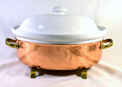 Red copper serving dish with ceramic lidded baking dish