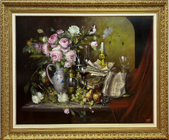 Signed József Fürst, framed large oil still life in an ornate frame