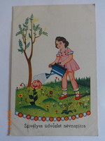 Régi grafikus névnapi üdvözlő képeslap - virágot locsoló kislány  (1940)