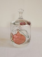 Régi retro vintage kézműves üveg lekváros mézes kínáló tartó plasztikus égetett zománc dekor minta